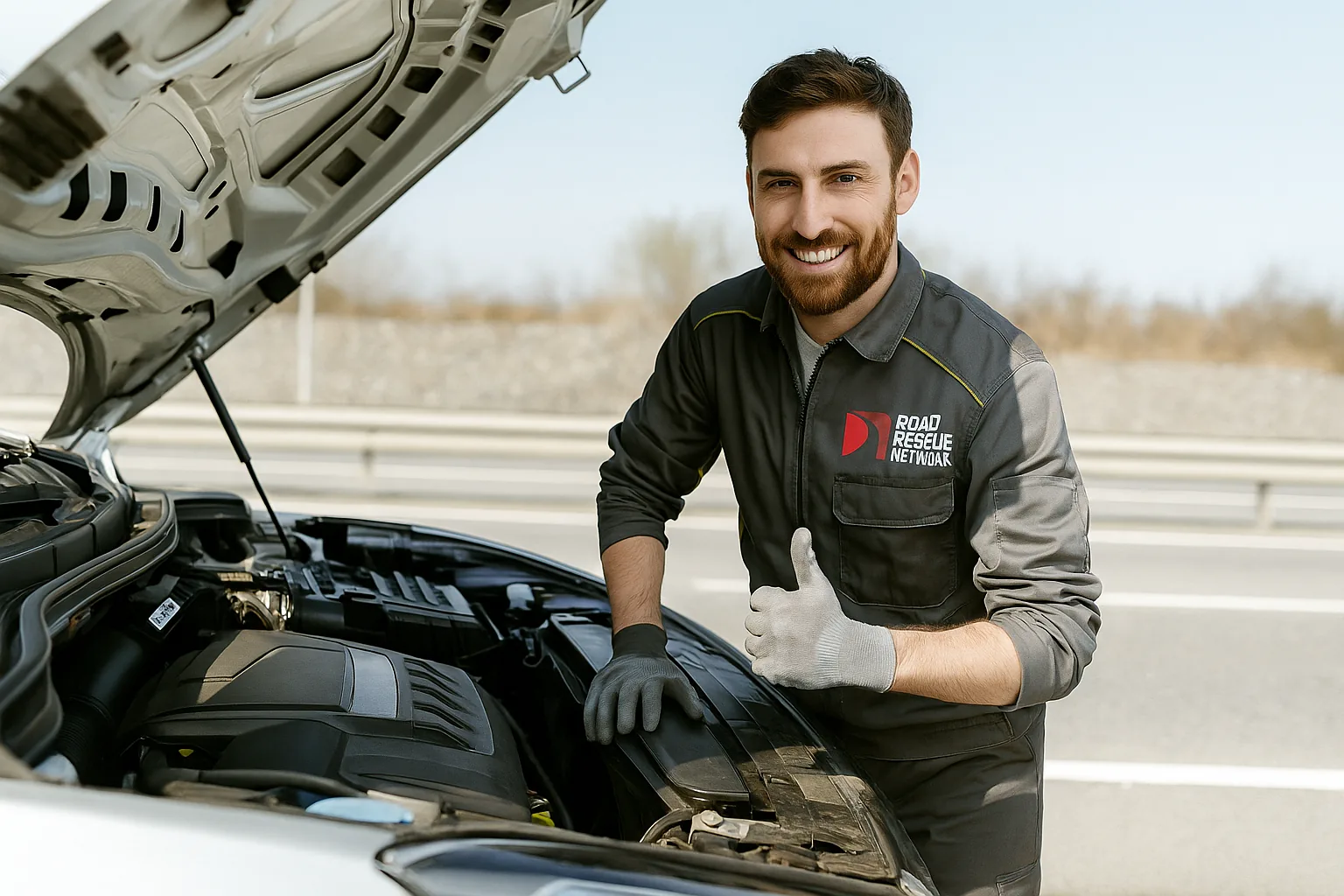 Road Rescue Network technician giving a thumbs up at the open hood of a car.