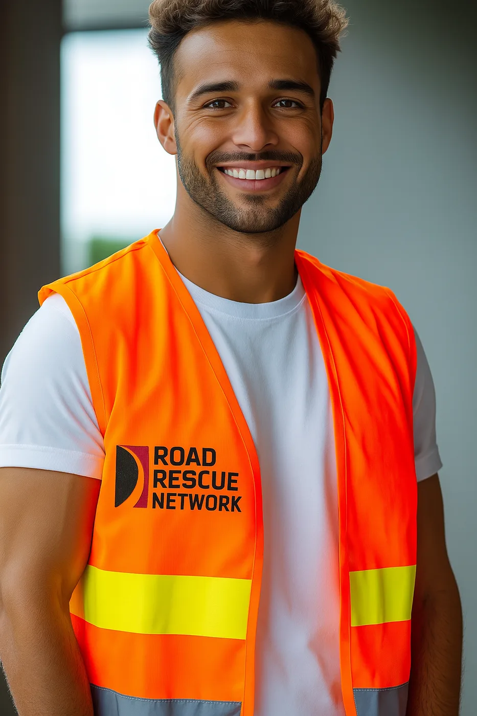 Road Rescue Network technician in a branded orange hi-vis vest.