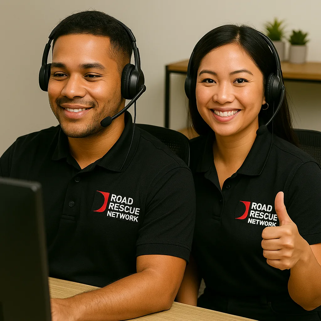 Two Road Rescue Network support agents in branded polos on headsets.