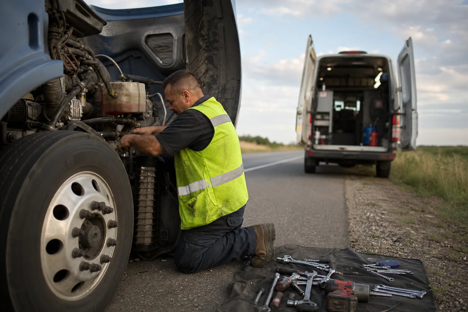 A Road Rescue Network rescuer working a roadside diesel repair with his tool roll laid out on the shoulder and his service van behind him